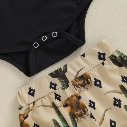 Vista 6 de Omkzanbi Ropa occidental para bebé recién nacido, mameluco de vaquero de mamás y vaquero, estilo retro, pantalones deportivos, sombrero, traje