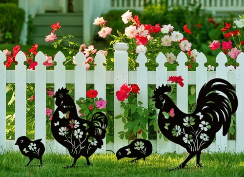 Vista 6 de Decoración de jardín de pollo de metal Doesen para exterior, 4 piezas de arte de jardín de pollo de metal, regalos de jardín decorativos