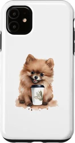 Vista 8 de iPhone 16 Pomerania perro con café estilo acuarela caso