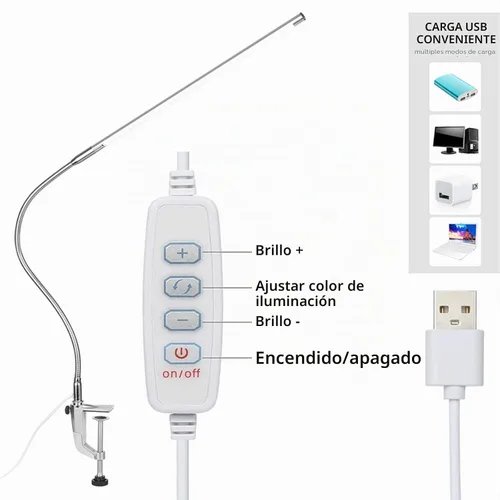 Vista 4 de Lámpara de escritorio con abrazadera, 3 modos, 10 brillo, rotación de 360°, luz de lectura para cuidado de los ojos, cuello de cisne flexible de 8 W