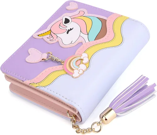 Vista 7 de UTO Cartera para niñas de cuero vegano pequeño borla colgante titular de la tarjeta Kawaii monedero 1166, 1166 Púrpura