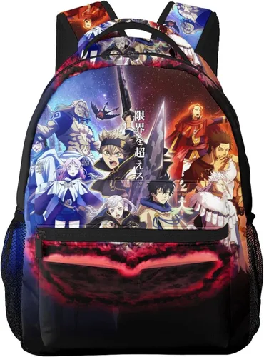 Vista 6 de KEWRJFWA Mochila de trébol negro de anime, bolsa de dibujos animados, mochila de lona ligera para parejas, mochila unisex de viaje para oficina