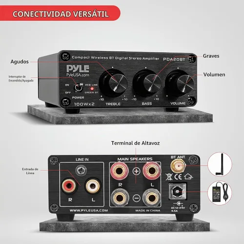 Vista 6 de Pyle Mini amplificador de audio Bluetooth HiFi - Receptor de amplificador estéreo de escritorio PC digital de clase D (2 x 100 vatios máximo)