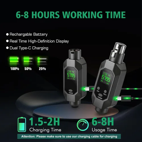 Vista 5 de Transmisor y receptor inalámbrico XLR adaptador de micrófono inalámbrico UHF para rango de 164 pies 8 horas Batería adaptador de micrófono