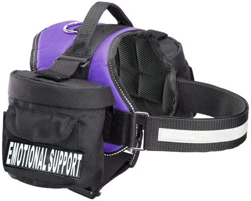Vista 3 de Chaleco de arnés para perro de apoyo emocional con bolsa de sillín extraíble, mochila transportadora de viaje. 2 parches reflectantes de apoyo Negro