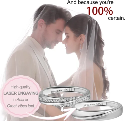 Vista 4 de Meissa 2 anillos de pareja para hombres y mujeres de plata de ley 925, anillos de promesa a juego, tamaño ajustable, hecho a mano, joyería nupcial