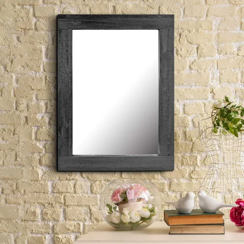Vista 7 de Stonebriar Espejo de pared rectangular con marco de madera negra de 24 x 18 pulgadas con soportes para colgar, decoración rústica decorativa