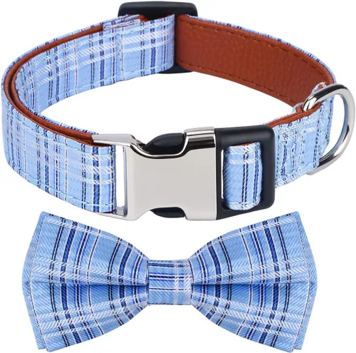 Vista 11 de Collar de perro con pajarita para regalo de niña o niño, pajarita suave y duradera, punto azul, talla S