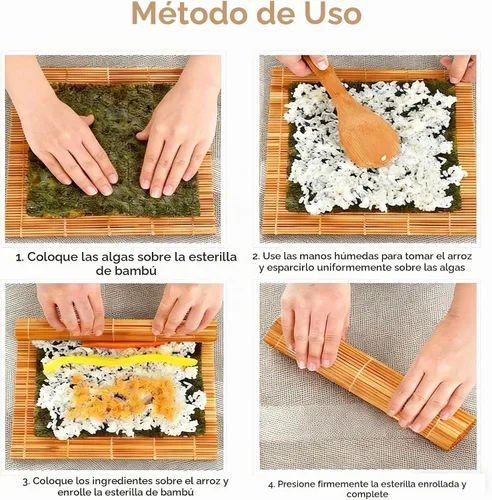 Vista 4 de MIUQILAIY Alfombrilla de bambú para sushi de 9.5"x9.5", rodillo para kimbap (2 PIEZAS)