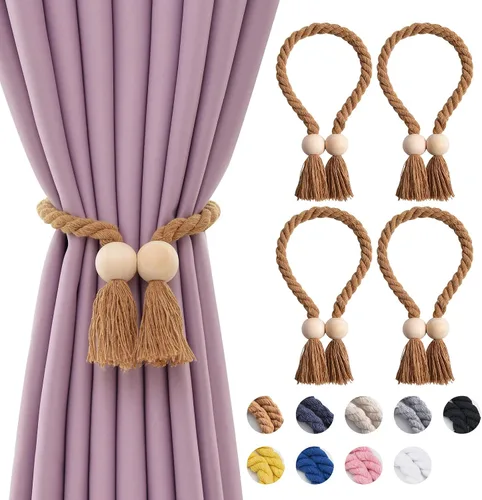 Vista 29 de NICEEC 2 Pack de Alzapaños Magnéticos de Madera en Forma de Cubo Boho para Decoración del Hogar, Alzapaños de Lino Tejidos a Mano para Cortinas Beige