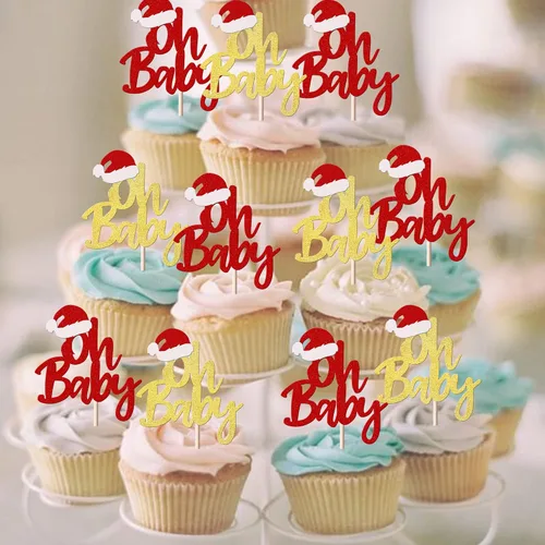 Vista 3 de Rsstarxi Paquete de 24 Adornos para Cupcakes Oh Baby de Navidad con Purpurina, Sombreros de Navidad, Palillos para Cupcakes de Baby Shower para Baby