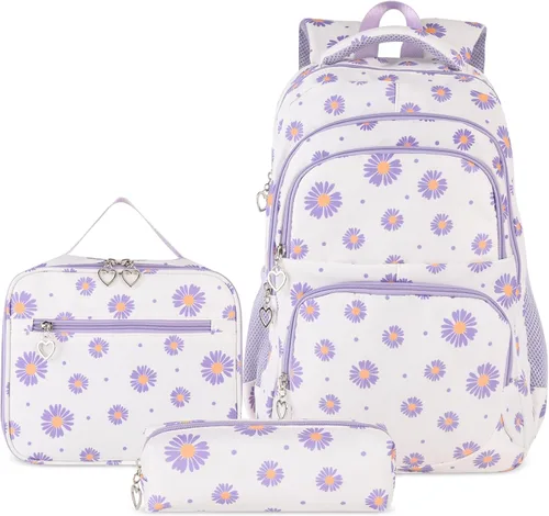 Vista 43 de goldwheat Mochilas impresas margaritas con paquete de almuerzo, estuche de lápices 3pcs, bolsa ligera resistente al agua para la escuela secundaria