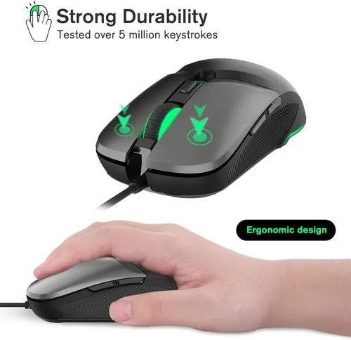 Vista 3 de RaceGT Ratón para juegos con cable, ratón óptico USB para computadora con alta precisión ajustable hasta 8000 DPI, mouse USB ergonómico