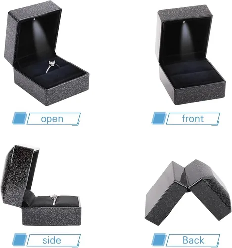Vista 5 de iSuperb Caja de anillo con luces LED, 2 unidades, para propuestas, compromisos, bodas, regalos (paquete de 2 unidades, cielo estrellado, negro)