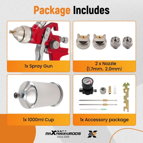 Vista 8 de maXpeedingrods HVLP - Kit de pistola rociadora, pistola de pintura automotriz con taza de aluminio de 1000 cc, 3 boquillas y agujas de latón