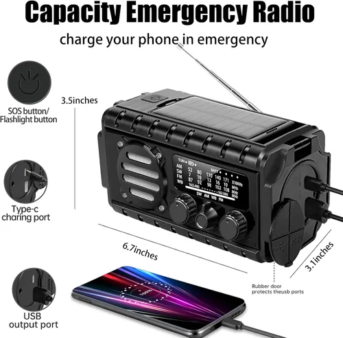 Vista 5 de Radio de emergencia con manivela de 20000 mAh, radio meteorológica SW/NOAA/AM/FM, cargador de manivela alimentado por energía solar con batería