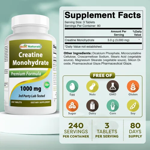 Vista 2 de Best Naturals Monohidrato de creatina 1000 mg 240 Comprimidos