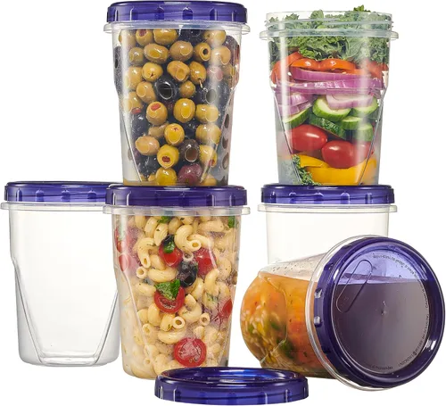 Vista 16 de PLASTICPRO Paquete de 6 Recipientes de Almacenamiento de Alimentos con Tapa Giratoria con Tapa Azul Atornillable - Recipientes Reutilizables de 4 oz