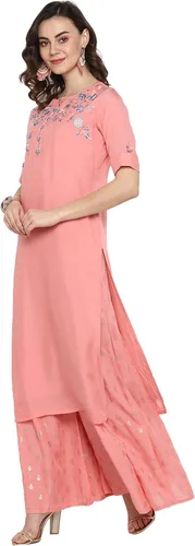 Vista 4 de Janasya Kurta de muselina de poli rosa para mujer india con Palazzo y Dupatta