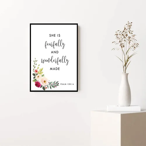 Vista 3 de RCVTVPV Psalm 139 14 - Arte de pared con texto en inglés "She Is Fearfully And Wonderfully Made Christian Quote Print", arte de pared para oficina