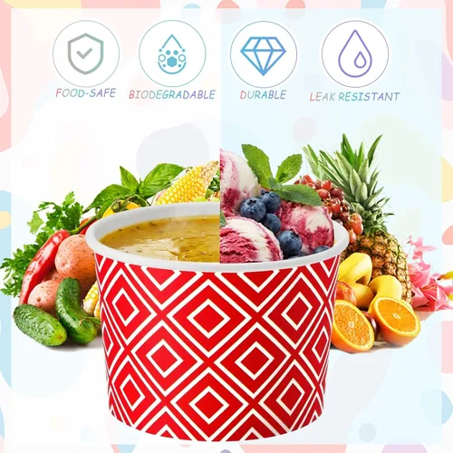 Vista 3 de Pickmesh 120 tazas de helado de 9 onzas desechables de papel geométrico pastel para sopa, verde, amarillo, multicolor, tazas de postre, alimentos
