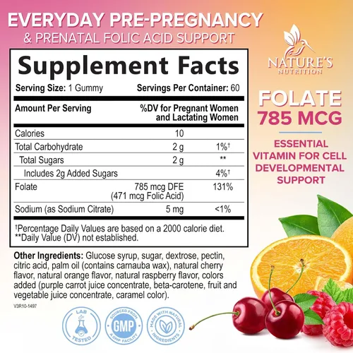 Vista 2 de Gomitas de ácido fólico para mujeres, folato de 785 mcg por porción, vitaminas prenatales esenciales para mamá y bebé, suplemento fólico vegano