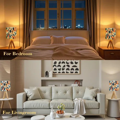 Vista 8 de Tripod Table Lamp Boho Vintage Flower Shape Stripe Circles Curved Lines Bedside Lamps Small Lamp Nightstand Lamp with Linen Lampshade Table Lamps