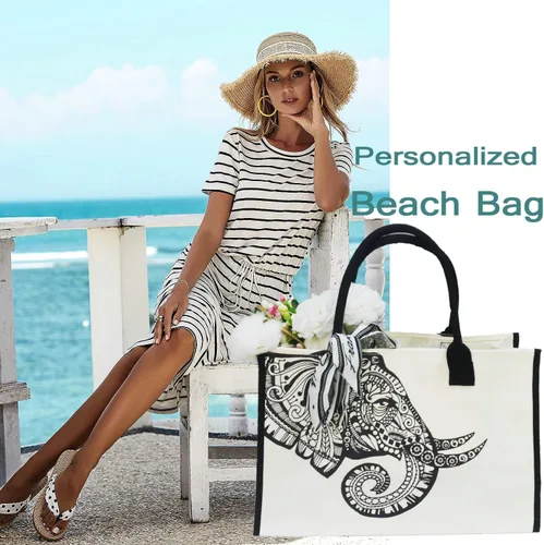 Vista 5 de Bolsas de lona grandes personalizadas, bolsas de playa reutilizables, regalos para mujeres, cumpleaños, con bolsillo interior, mandala