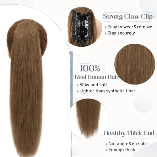 Vista 47 de Rich Choices Extensión de cola de caballo con clip de garra, cabello humano real, una pieza, extensiones de cabello largo Remy para mujer, #18P613