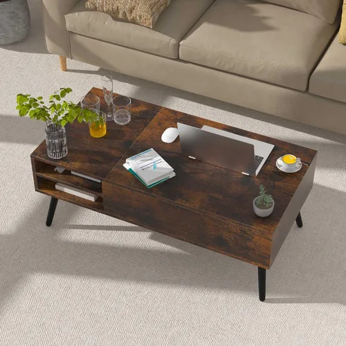 Vista 8 de Mesa de centro moderna con tapa elevadora con almacenamiento oculto para sala de estar, mesa de piso con elevador, mesa central de madera