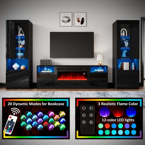 Vista 3 de AMERLIFE Juego de 3 centros de entretenimiento con chimenea de 70 pulgadas Negro