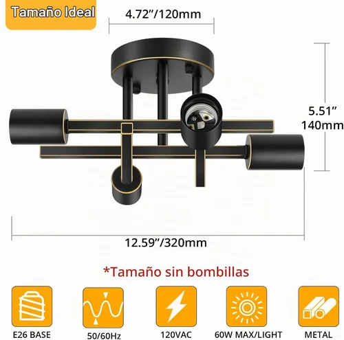 Vista 2 de SunRider Lámpara Industrial de Techo Semi Empotrada de 4 Luces, Luces de Pasillo de Bronce Frotado con Aceite, Candelabro Sputnik de Metal Retro
