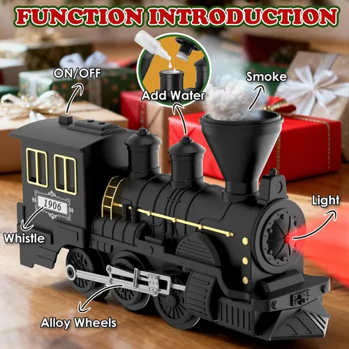 Vista 2 de Juego de tren de árbol de Navidad de 15 piezas con humo, sonido y luces, pista elegante y vagones de pasajeros vintage para Navidad, juego de tren
