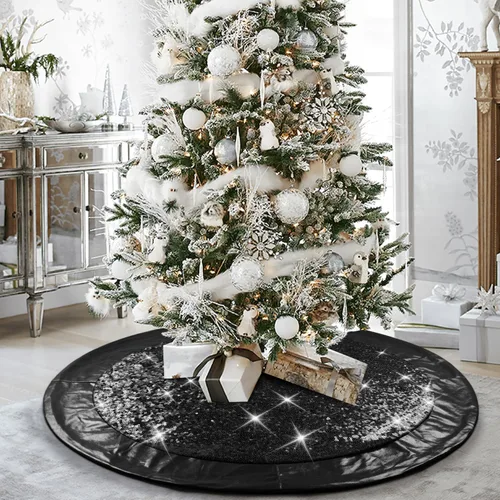 Vista 8 de Falda negra para árbol de Navidad de Halloween de 48 pulgadas, falda de árbol grande con purpurina para árbol de 7.5 pies, falda de árbol