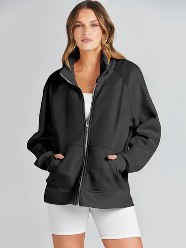 Vista 2 de Caracilia Sudaderas de gran tamaño para mujer, de manga larga, con cremallera, a la moda, a la moda, chamarras, ropa cómoda