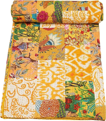 Vista 14 de Marubhumi Colchas hechas a mano tradicional de algodón puro con estampado de cachemira Kantha, funda de cama reversible con estampado de cachemira
