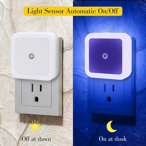 Vista 2 de Paquete de 6 luces nocturnas LED azules enchufables, sensor de atardecer a amanecer encendido y apagado automático, eficientes energéticamente