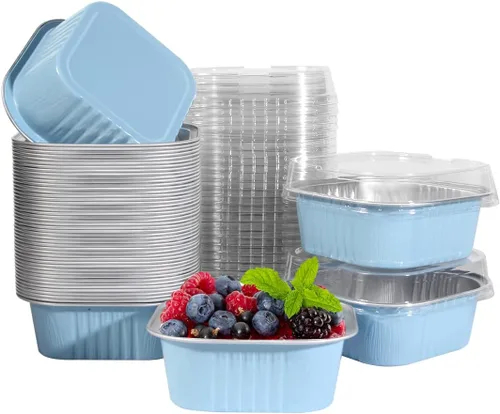 Vista 19 de 50 Pcs Mini Square Baking Cups with Lids,5oz Aluminum Foil Mini Cake Pans with Lids,Disposable Ramekins Cake Pans,150ml Dessert Cups Cupcake Pans
