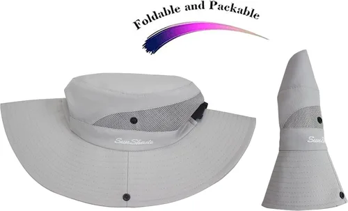 Vista 6 de Sombrero de sol para mujer con protección UV, malla plegable, ala ancha, sombrero de pesca para playa