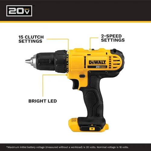 Vista 3 de DEWALT Juego de Taladro Atornillador Inalámbrico de 20V Max, 2 Velocidades, Motor de Alto Rendimiento, Incluye 2 Baterías de Iones de Litio XR