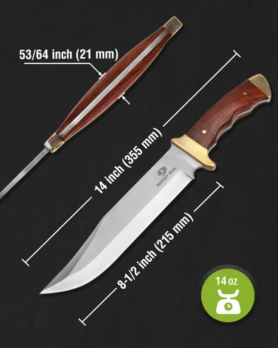 Vista 2 de Mossy Oak - Cuchillo Bowie de 14 pulgadas, mango de madera, cuchillo de caza Hoja fija de espiga completa, funda de cuero, cuchillos de caza