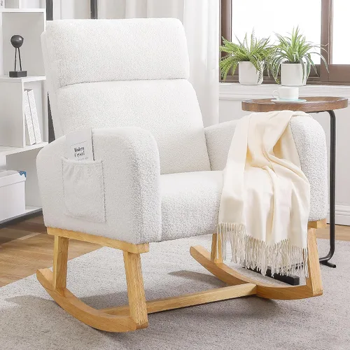 Vista 9 de Mecedora para guardería, sillas de acento modernas tapizadas de lino para enfermería, sillón acolchado para sala de estar interior, dormitorio, beige