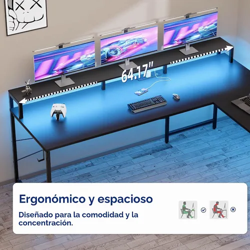 Vista 4 de Pamray - Escritorio para juegos en forma de L de 64 pulgadas con soporte para monitor y tomas de corriente