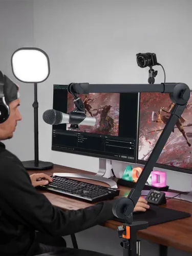 Vista 7 de Soporte de micrófono con brazo de brazo, soporte de brazo de tijera de suspensión ajustable con soporte de clip de micrófono y abrazadera resistente