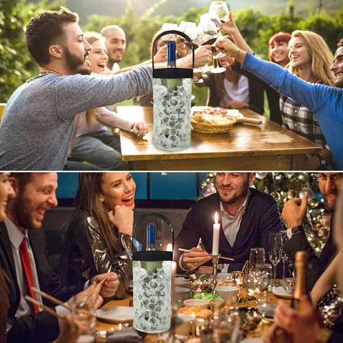 Vista 5 de Paquete de 2 bolsas de vino helado, portátil, plegable, enfriador de bolsa de vino transparente con asa, enfriador de botellas de vino, bolsa