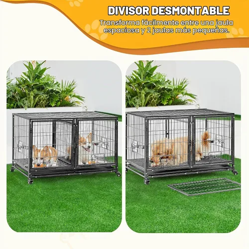 Vista 8 de Yaheetech Jaula Apilable para Perros con Divisor de 43'' Rodante Jaula de Servicio Pesado para Perros con Parte Superior Abierta/2 Bandejas
