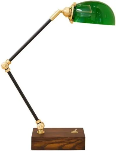 Vista 5 de Vintage Industrial Green Glass Table Lamp Modern Antique Brass and Wood Body Desk Light with Button Switch Table Lights for Bedroom(Walnut,Short)