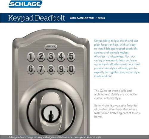 Vista 7 de SCHLAGE - Cerrojo de seguridad electrónico BE365 CAM 622 con teclado, negro mate Keyless entry door lock, Push button keypad deadbolt, Key backup