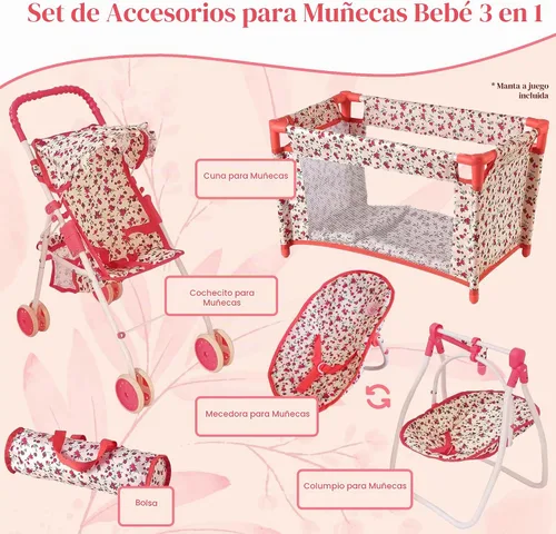 Vista 2 de Juego de Muebles de Cuna y Cochecito de Muñeca de Lujo, Juego de Accesorios Multi para Muñecas de 18", Incluye Cochecito de Muñeca, Columpio y Cama