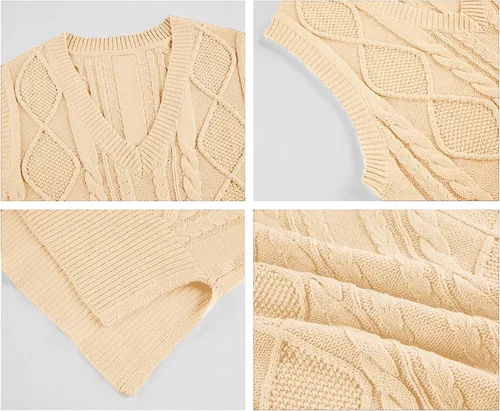 Vista 5 de Chaleco de suéter para mujer Lueluye V cuello sin mangas de punto sólido casual acanalado estilo preppy Beige